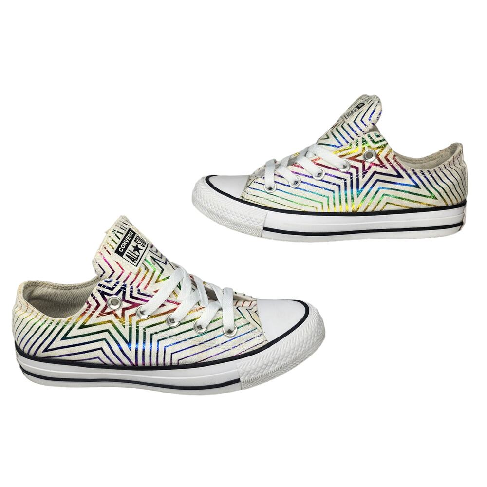 Converse All Star Shoes Womens 6 White Rainbow Star Metallic Shiny Foil Low Tops